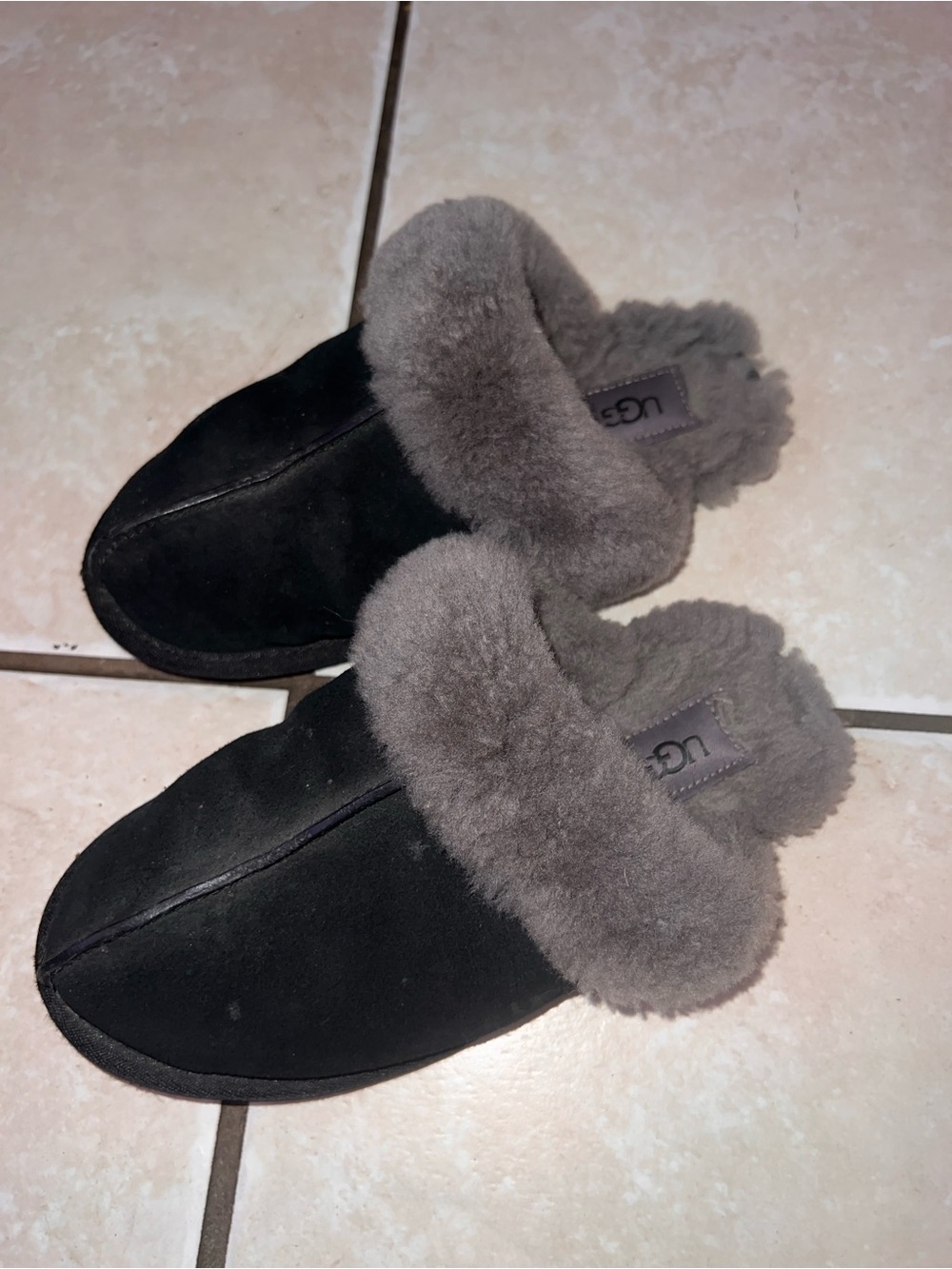 UGG Black Suede Slip-On Clog Slippers with Gray Shearling Collar